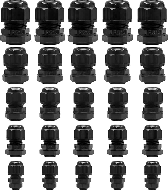 25 Pcs Nylon Cable Glands 5 Size Kit PG7 PG9 PG11 PG13.5 PG16 | IP68 Waterproof by Kyuionty