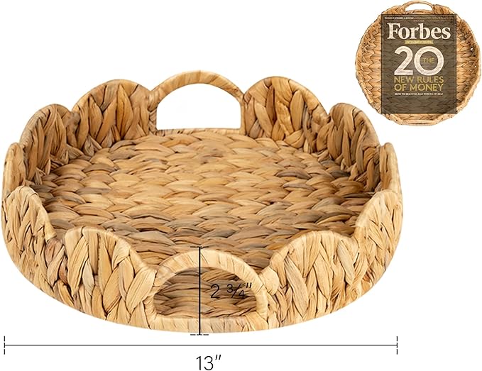 StorageWorks Round Scalloped Tray, Wicker Rattan Serving Tray - Image 3