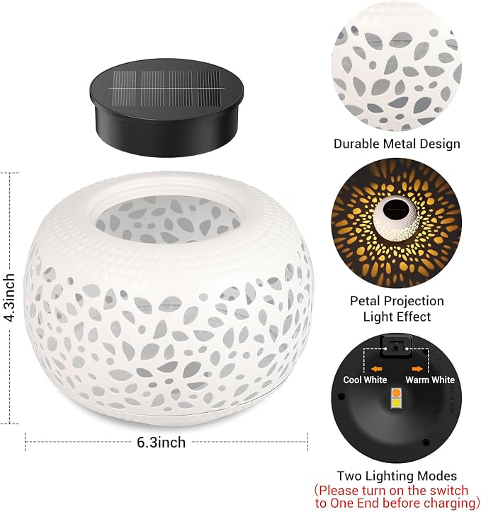 Solar Lanterns Outdoor Waterproof Lights: 2Pack White Hollow Out Metal Table - Image 2