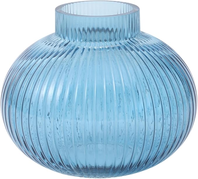 Blue Glass Vase for Tulips, Ribbed Glass Vase for Flowers, Round Flower Vases by YANWE