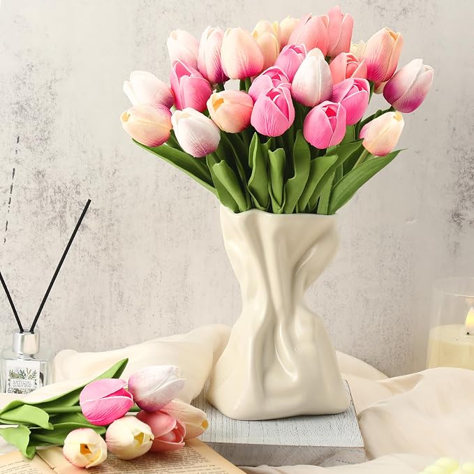 Janinka 60pcs Artificial Tulip Flowers Fake PU Tulips Faux Latex Bouquet Flower - Image 6