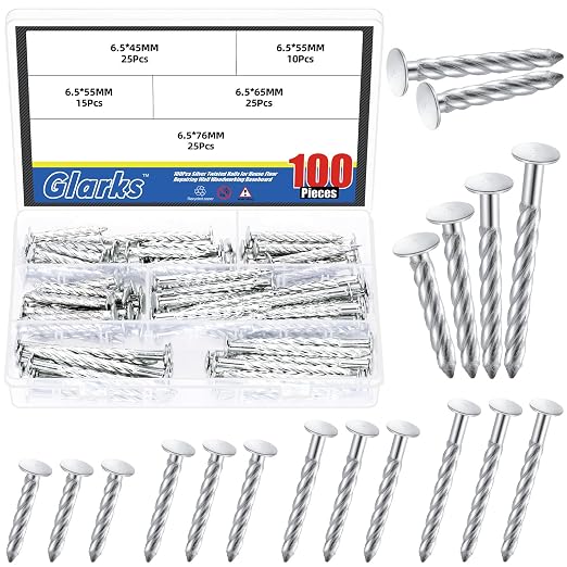 Glarks 100pcs 6.5 x 45/55/65/76mm Thread Twist Nail Kit, Zinc Plated Cement by Glarks