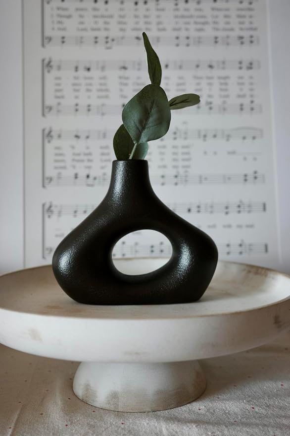 Carrot's Den Black Ceramic Modern Vase Set of 2, Donut Shelf Decor, mantel - Image 8