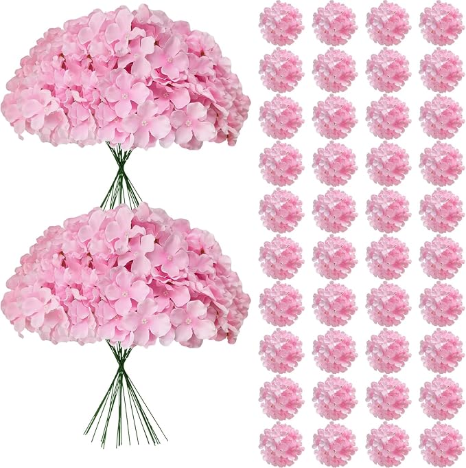 65Pcs Pink Hydrangea Artificial Flowers Bulk，Realistic Silk Fake Flowers by Cherica
