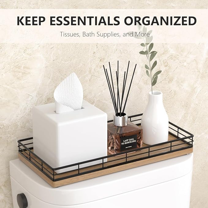 Toilet Paper Basket Organizer, Acacia Wood Toilet Tank Tray, Metal Frame | - Image 3