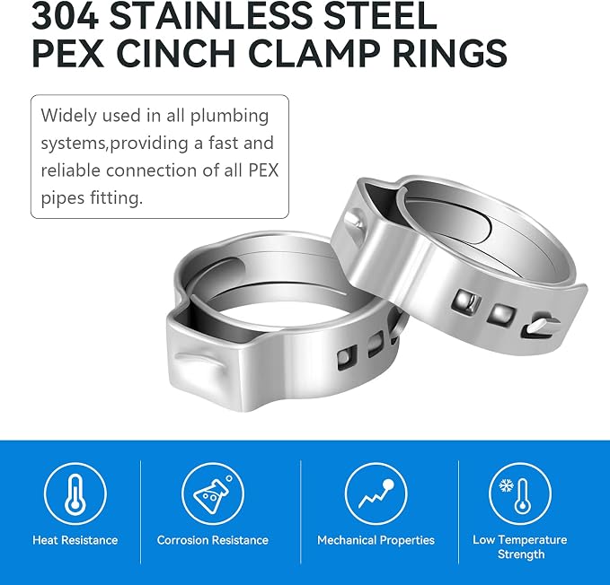 100 Pack GUOFIS 1/2 Inch Pex Cinch Clamp Rings, Premium 304 Stainless Steel | - Image 3