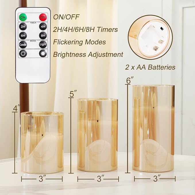 Homemory Amber Glass Flameless Candles, Real Wax, Remote Timer, 3 Pack | - Image 6