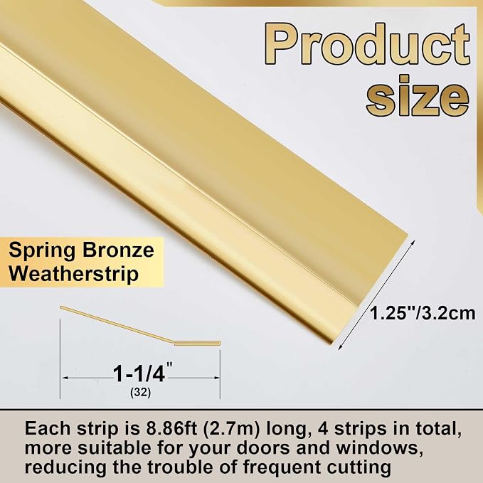 Zonon 1-1/4" W x 35.43' L Spring Bronze Weather Stripping Metal Brass Weather - Image 2