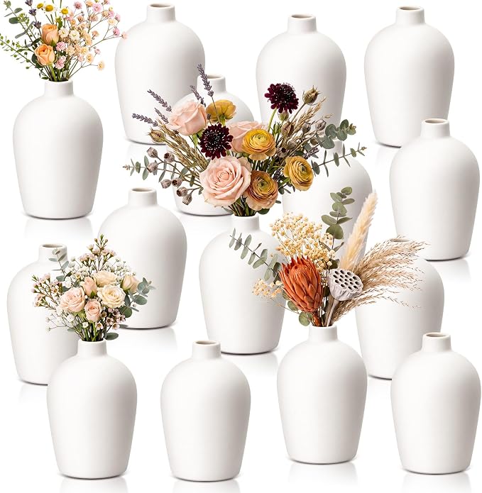 Tioncy 15 Pack White Ceramic Bud Vases Bulk Boho Small Flower Vase White by Tioncy