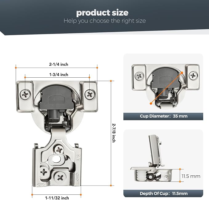 Satin Nickel Cabinet Hinges, 3/8 Inch Overlay, 10 Pack | Stainless Steel Build - Image 3