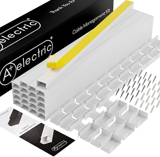 Cord Cover Full Kit, 26ft/315in Self-Adhesive Cable Raceway, 20 Snap-On Channels by AELECTRIC
