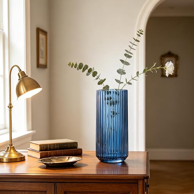 10 inch Blue Glass Flower Vase for Pampas Grass, Medium Decorative Centerpiece - Image 9