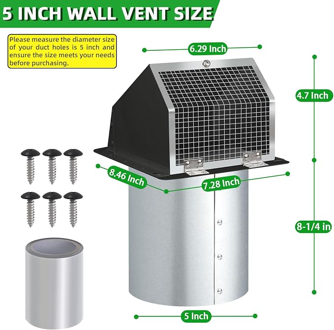 5 Inch Hooded Wall Vent with Screen and Damper, Galvanized Steel - Image 2