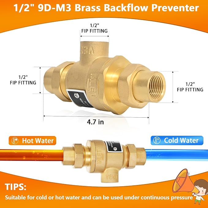 1/2" 9D-M3 Dual Check Valve Backflow Preventer, Brass Backflow Preventer | 1/2" - Image 2