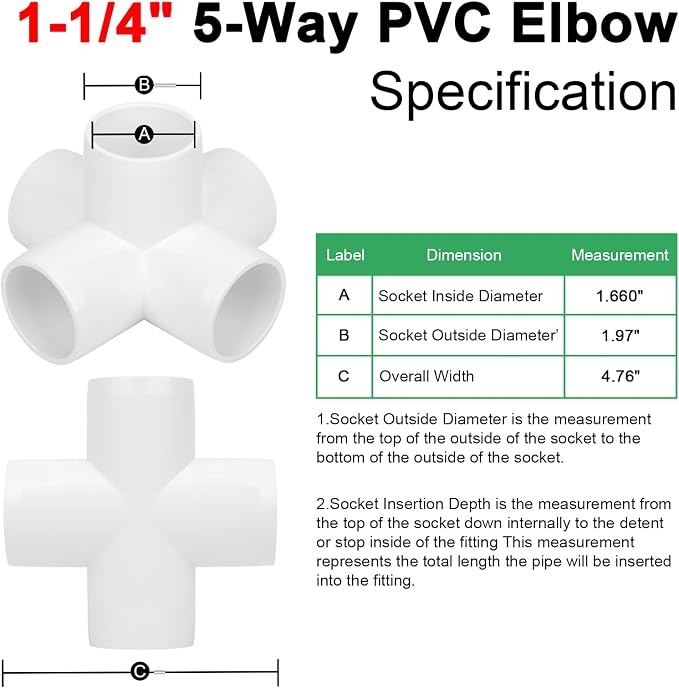 2Pack 1-1/4" Tee PVC Pipe Fitting 5 Way Elbow Connector Furniture Grade SCH40 - Image 2