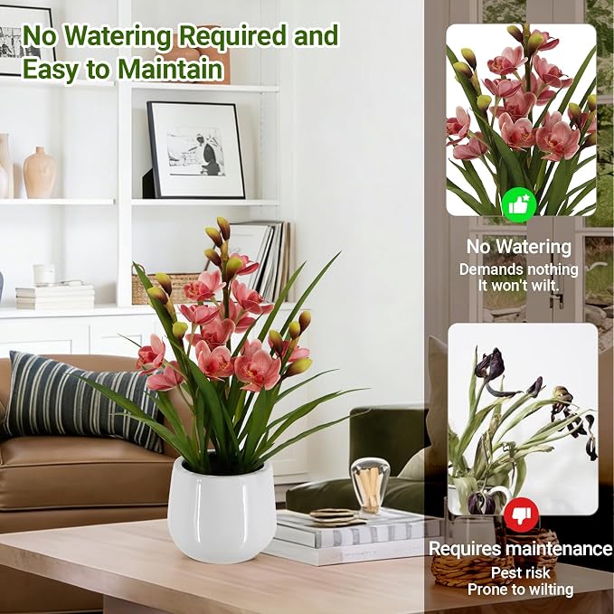 Fake Orchid Plant 19" Tall, Realistic Touch Leaves, Potted Cymbidium Artificial - Image 4