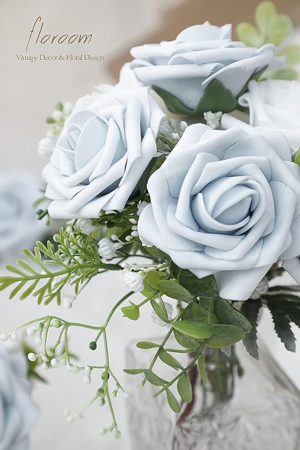 Artificial Flowers 25pcs Real Looking Powder Blue Foam Fake Roses - Image 3
