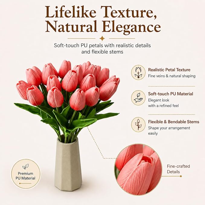 Mandy's 20pcs Artificial Coral Pink Tulips | 13.5 Inch Lifelike PU Tulips Faux - Image 2