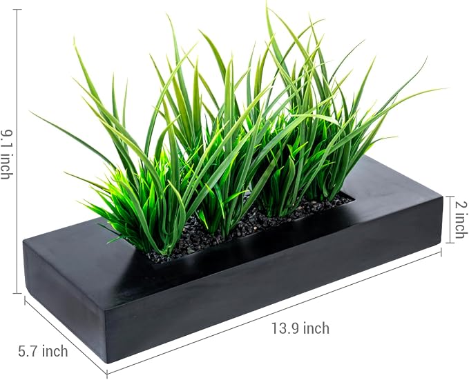 MyGift 14 Inch Artificial Grass Plant in Matte Black Wood Rectangular Pot | - Image 5