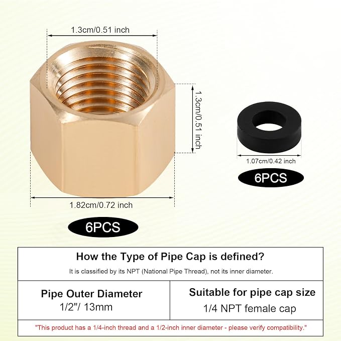 6pcs Brass Pipe with 6 Rubber Gasket, 1/4 Inch NPT Female Pipe Plug Hex - Image 2