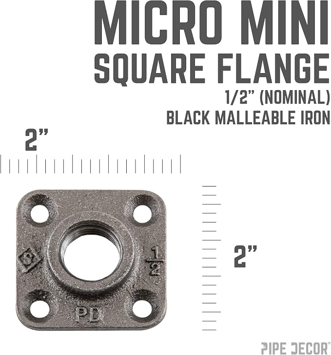 1/2" Square Micro Mini Flange Fitting, PIPE DECOR Black Malleable Iron Fittings - Image 2