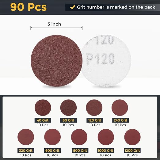 HARFINGTON 90Pcs 3Inch Sanding Disc Hook & Loop Sandpaper Aluminum Oxide | - Image 2
