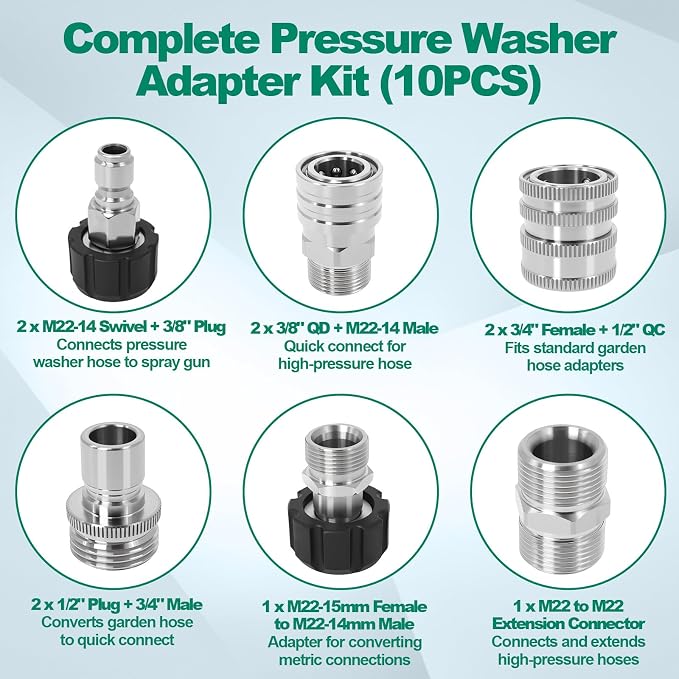 Pressure Washer Quick Connect Kit 10PCS Power Washer Accessories Adapter | - Image 5