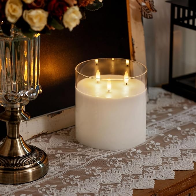 Homemory Pure White Large Glass Flameless LED Candle, 3 Wicks, Remote Timer | - Image 3