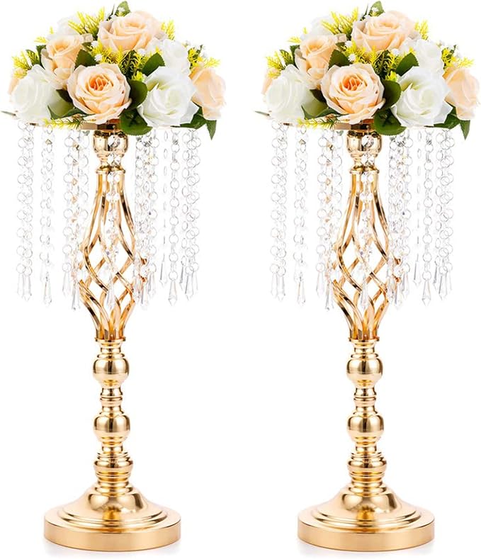 2 Pcs 19.3 inches Gold Tall Crystal Flower Stand and Holders Centerpiece by Nuptio