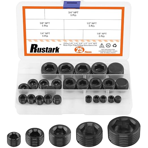 25 Pcs Carbon Steel Pipe Plugs Assortment Set by Rustark