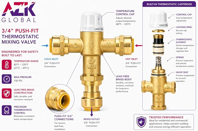 3/4" Push-Fit Thermostatic Mixing Valve, Cert: ASSE, NSF | TMV, Precise water - Image 8