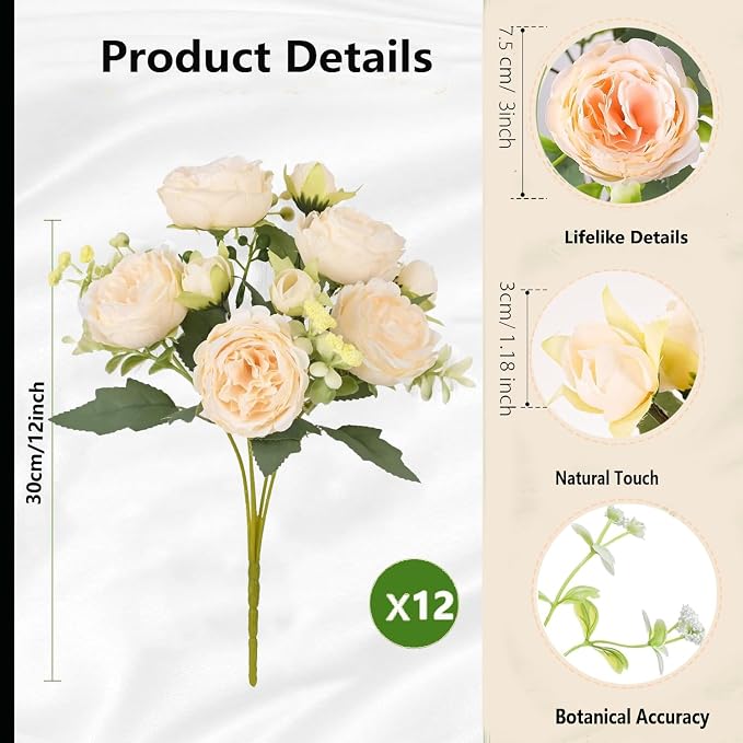 Peonies Artificial Flowers 12 Bundles Pink Flowers Bouquet, Lifelike Silk Fake - Image 5