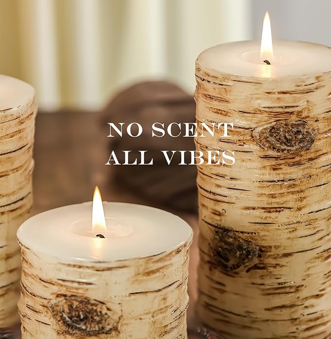 Rustic Birch Bark Pillar Candle Set of 3, Unscented Home Decor | Assorted Size - Image 4