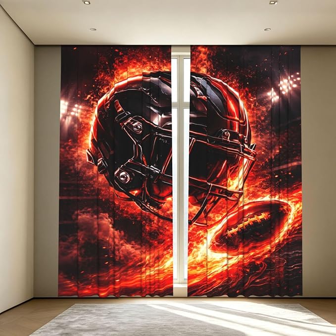 Football Helmet Fire Window Curtains 2 Panels Set, 52 X 84 Inch Polyester Drapes by Unknown