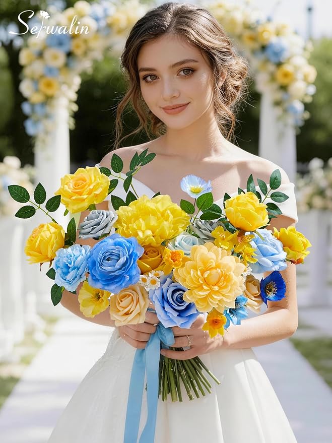 Serwalin Artificial Flowers Blue & Yellow Silk Flowers - Image 7