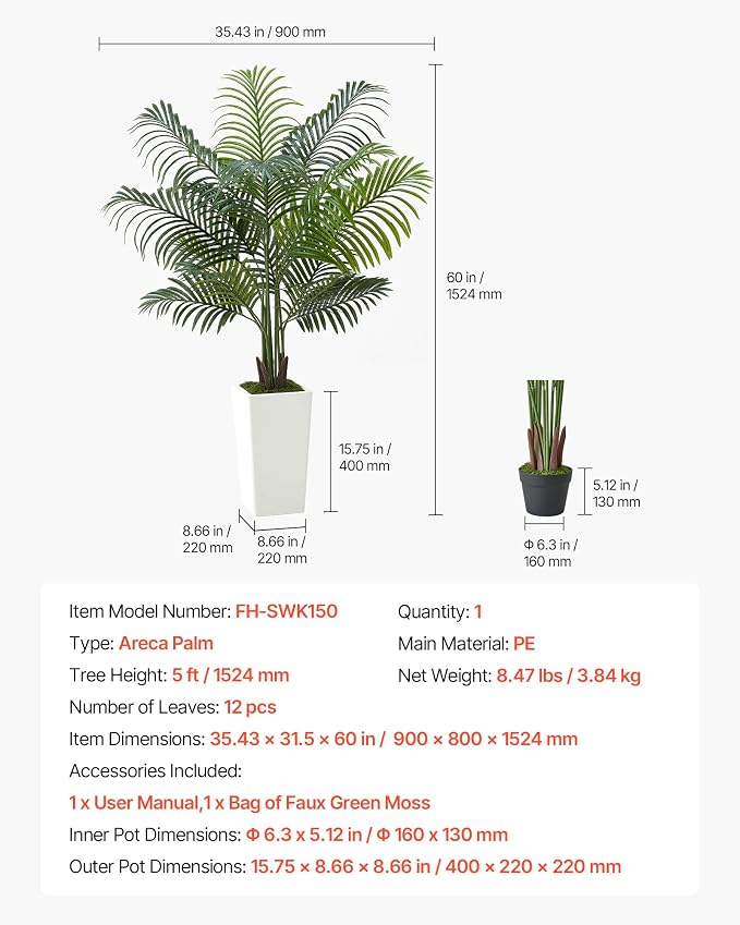 VEVOR Artificial Areca Palm Tree 5 ft, Fake Palm Tropical Plants - Image 7
