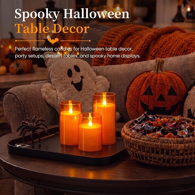 Homemory Halloween Orange Flameless Candles, Remote Timer, 3 Pack | Flameless - Image 2