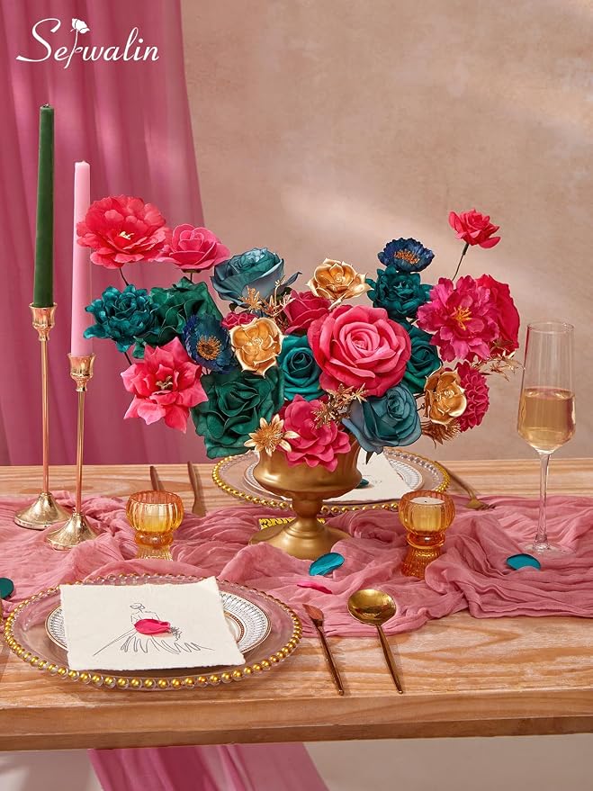 Serwalin Artificial Flowers Hot Pink & Teal Silk Flowers - Image 4