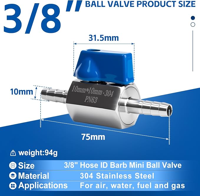 2Pack 3/8" Hose ID Barb Mini Ball Valve, 304 Stainless Steel Small Shut Off - Image 2