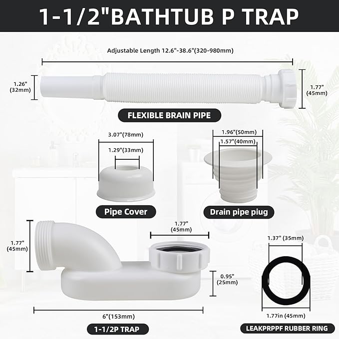 Flexible Bathtub Drain Pipe, Upgraded No-leak Low Profile 1 1/2 P Flat Drainage - Image 3