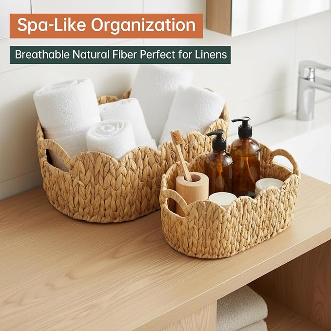 Coeusy Scalloped Basket Set of 2, Water Hyacinth Basket - Image 6