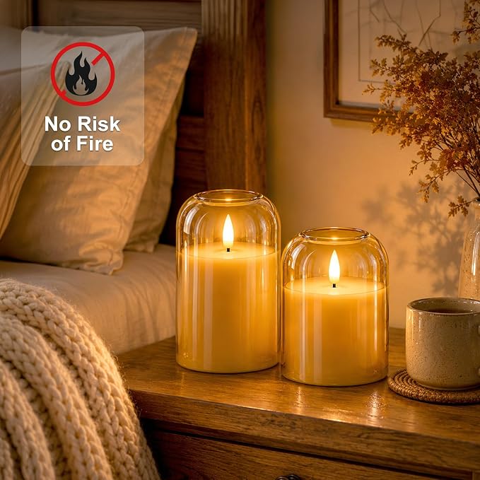 Fall Decorations for Home, Amber Glass Flameless Candles, LED Pillar Candle | - Image 3