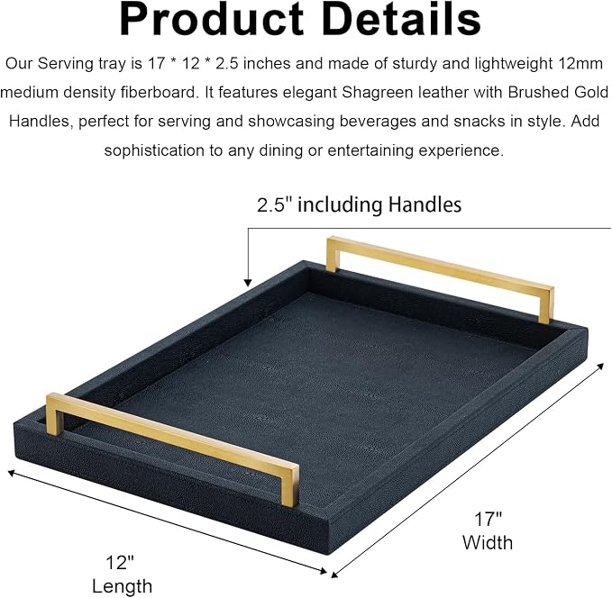 XIGEXIGE Black Faux Leather Serving Tray, 17x12 inches, Brushed Gold Handles - Image 4