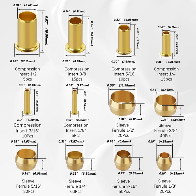 280PCS Brass Compression Sleeve Ferrules Inserts Nuts Fittings Kit | 6 Sizes - Image 2