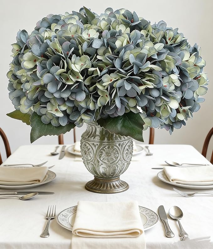 Kimura's Cabin 6pcs Silk Hydrangeas Artificial Flowers, Deep Lake Blue | - Image 3