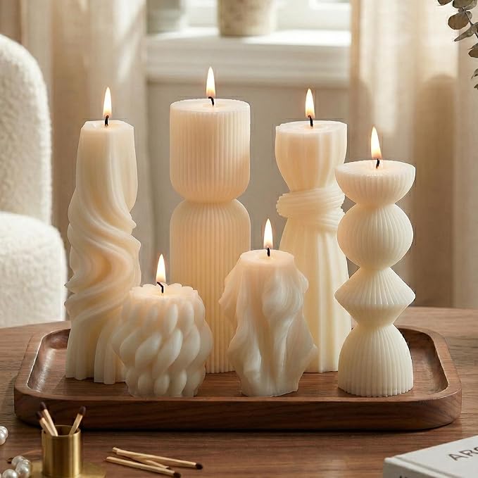 6 Pcs Small Handmade Ribbed Pillar Candle Set, Soy Wax Modern Home Decor - Image 8