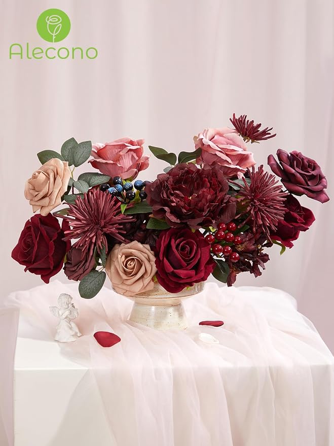 Alecono Burgundy Artificial Flowers, Silk Fake Roses Floral Set | - Image 2