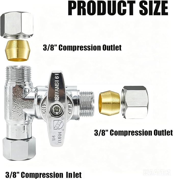 TTFLEX 3/8" x 3/8" x 3/8" Compression Tee Valve, Shut Off Valve, 1/4 Turn | T - Image 2