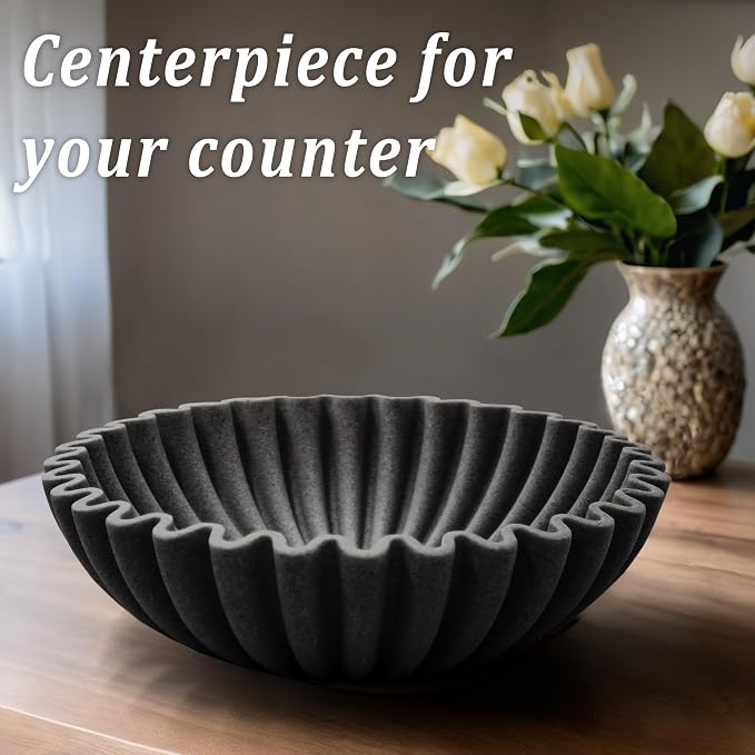 LIN CHUAN Ruffle Decorative Bowl, Large Fruit Bowl, Artificial Stone BLack | - Image 3