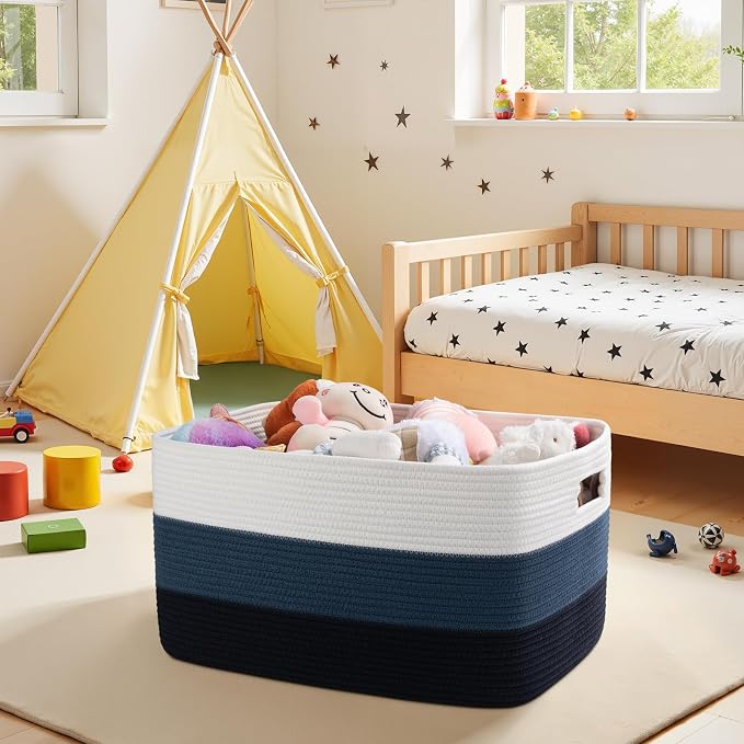 OIAHOMY Blanket Basket Laundry Basket Dog Toy Basket 75L Gradient Blue | Large - Image 9